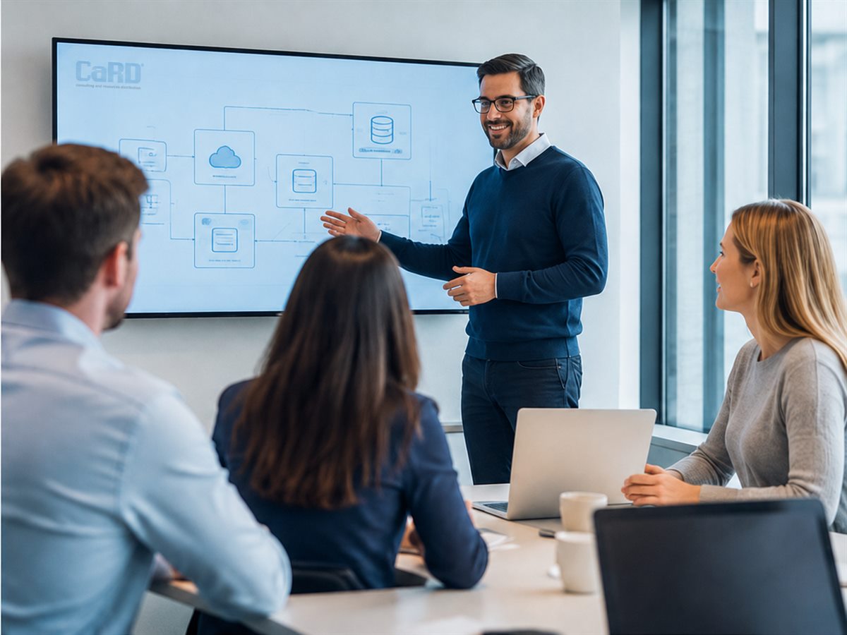 CaRD consultant presenting an SAP system architecture to the customer team